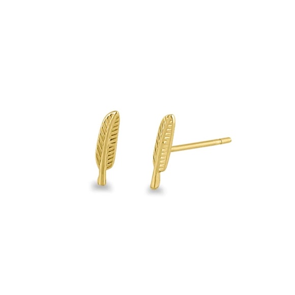 NWT Solid 14K Yellow Gold Feather Stud Earrings - Picture 1 of 7